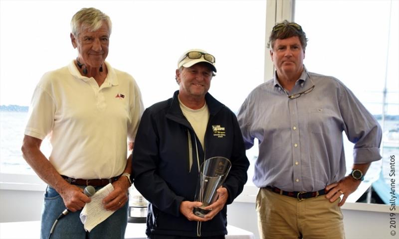 Brad Read (middle), tactician for New Zealand (KZ-3) accepts the first-place trophy for Grand Prix Division - Newport Trophy Regatta 2019 photo copyright SallyAnne Santos taken at Ida Lewis Yacht Club