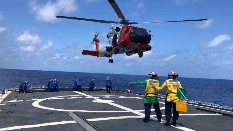 Crews from Coast Guard Cutter Escanaba guide an MH-60 Jayhawk from the flight deck while at sea. Helicopters give Coast Guard crews a strong advantage when conducting migrant and drug interdiction operations photo copyright Lt. j.g. Brianna Grisell / U.S. Coast Guard taken at 