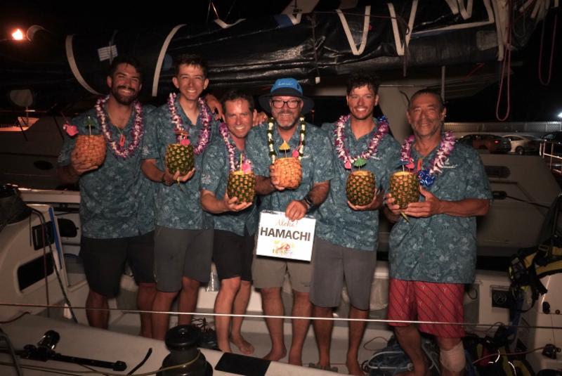 Hamachi team celebrates on arrival last night - Transpac 50 photo copyright Rachel Rosales / ManaMeans taken at Transpacific Yacht Club