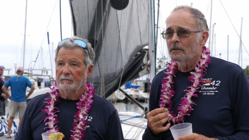 Carlos Brea (left ) and David Chase (right) tell their tale to the press - Transpac 50 photo copyright Chris Love Productions taken at Transpacific Yacht Club