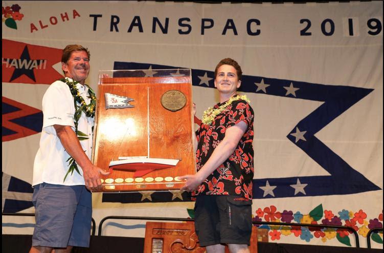 James Cooney receiving the Don Vaughn Award for most valuable crew member on the Barn Door-winning yacht - Transpac 50 - photo © David Livingston