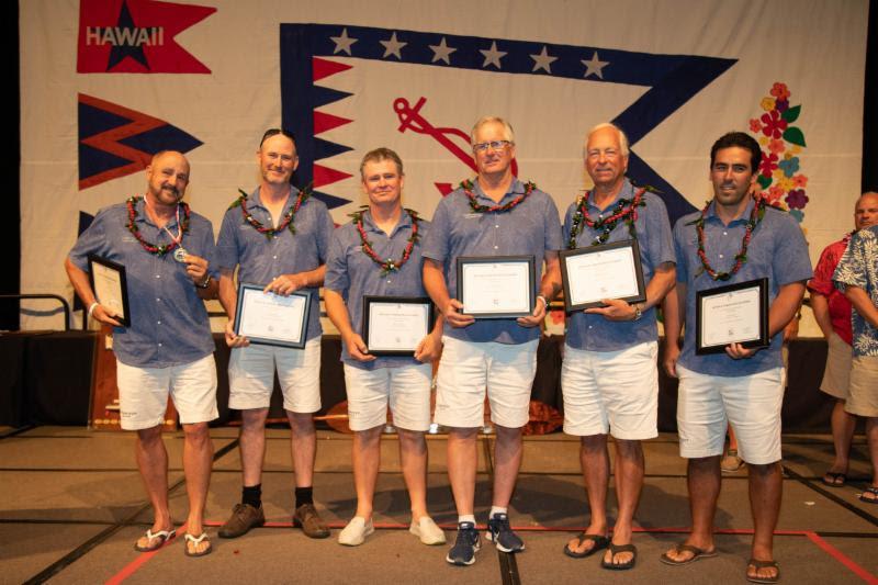 Roy Disney (left) and his crew from Pyewacket receiving the Arthur B. Hanson Award - Transpac 50 photo copyright Sharon Green / Ultimate Sailing taken at Transpacific Yacht Club