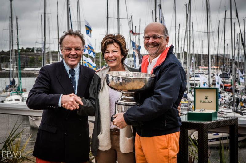2017 race winner, Didier Gaudoux proudly receives the Fastnet Challenge Cup from Michael Boyd,  past RORC Commodore - Rolex Fastnet Race - photo © ELWJ