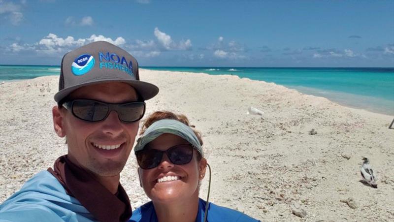 Marine turtle field researchers Jan Willem and Marylou Staman pose for a photo on remnants of East Island, French Frigate Shoals. Collectively over past few years, this was their home for 10 months and the Hawaiian green sea turtle's primary nesting beach photo copyright NOAA Fisheries / Jan Willem Staman taken at 