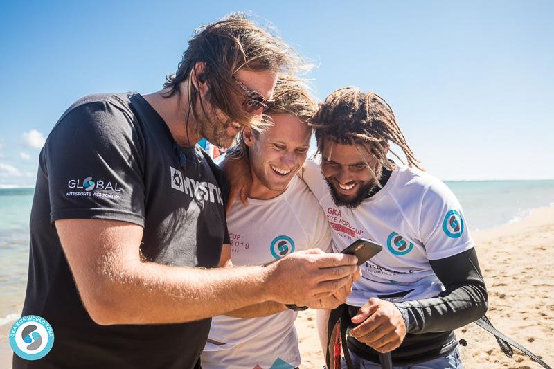 James and Airton with GKA tour manager, Tom Hartmann - 2019 GKA Kite World Cup Mauritius, day 6 - photo © Svetlana Romantsova