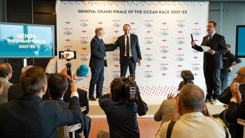 Genoa, 23 September 2019. Marco Bucci, Mayor of Genoa (L) and Richard Brisius, Race Chairman, The Ocean Race (R). Announcement of Genoa, Grand Finale of The Ocean Race 2021-22 photo copyright Brian Carlin / The Ocean Race taken at 
