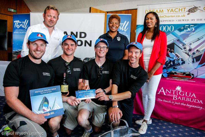 (Standing L- R) Andy Byham, Dream Yacht Charter; Rana Lewis, Antigua Sailing Week; Cherrie Osborne, The Antigua and Barbuda Tourism Authority; Team Cobra with skipper Stevie Beckett (far right)  - photo © Paul Wyeth / RSrnYC