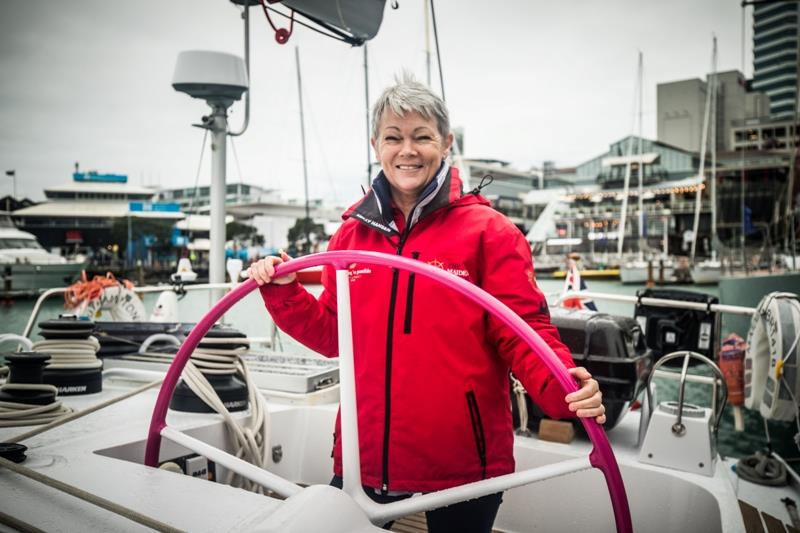 Tracy Edwards aboard  Maiden at the start of the yacht's current world tour with an all-female crew - photo © Amalia Infante / The Maiden Factor