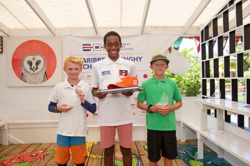 Optimist winner Ozani Lafond with 2nd placed Patrick Greensmith and 3rd placed - 2019 Caribbean Dinghy Championships - photo © Ted Martin / Antigua Photography