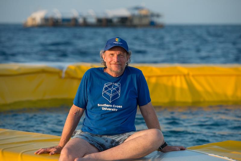 Professor Peter Harrison with a coral nursery larval pool, Moore Reef photo copyright Juergen Freund taken at 