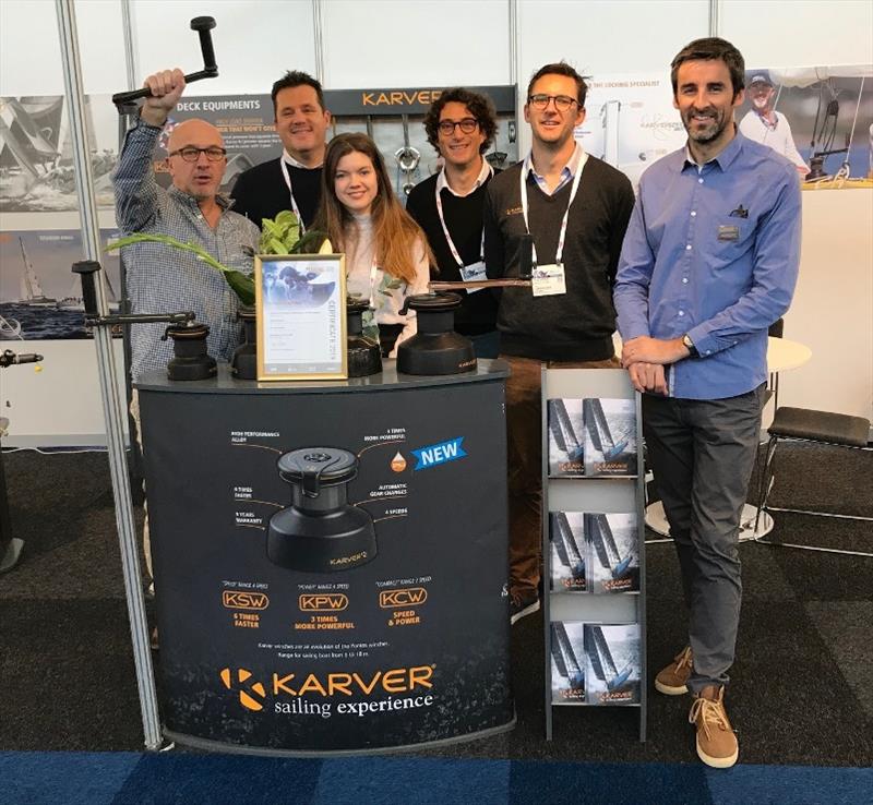 (Left to Right) Christophe Quesnel (export sales), Tanguy de Larminat (Managing & Sales Director), Mélanie Bourdon (Sales Assistant), Cédric Rafin (export sales), Alois Kerduel (French sales), Jean Philippe Connan (R&D and Deputy General Manager) photo copyright Karver taken at 