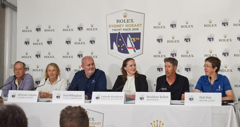 Andrew Buckland (TSA Management), Adrienne Cahalan (Chinese Whisper), Paul Billingham (CYCA Commodore), Gabrielle Woodhouse (BOM), Bradshaw Kellett (InfoTrack) and Deb Fish (Mister Lucky) photo copyright Cruising Yacht Club of Australia taken at Cruising Yacht Club of Australia