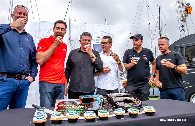 The supermaxi skippers get stuck into the 75th Sydney Hobart celebration cake, before talking sails photo copyright Crosbie Lorimer taken at Cruising Yacht Club of Australia