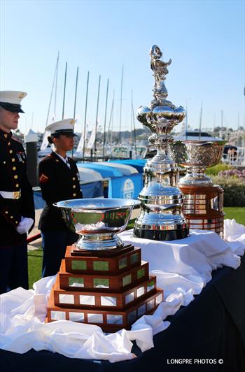 Three of the most prestigious match racing trophies in the world; the Governor's Cup, Congressional Cup, and America's Cup at the 50th Anniversary Governor's Cup in 2016. Two of the three have been cancelled for this year. © Mary Longpre Three of the most prestigious match racing trophies in the world; the Governor's Cup, Congressional Cup, and America's Cup at the 50th Anniversary Governor's Cup in 2016. Two of the three have been cancelled for this year. © Mary Longpre