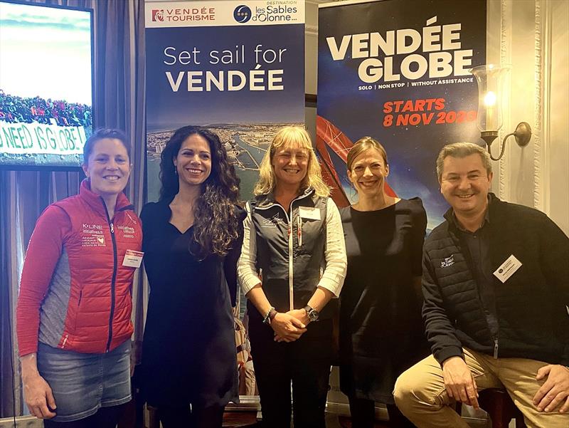 From left to right: Samantha Davies (skipper), Karen Alletru (Vendée Tourism Director), Pip Hare (skipper), Laura Le Goff (Vendée Globe MD), Jimmy Bertrand (Les Sables d'Olonne Tourism Vice Director)  photo copyright Vendée Globe taken at 