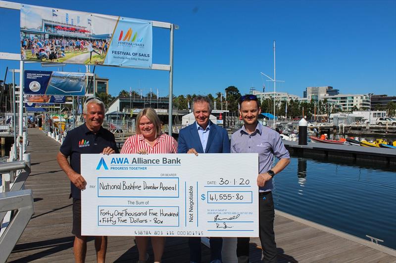 (L-R) - MacGlide Festival of Sails Chairman, Stuart Dickson, Geelong Connected Communities' Tracy Carter, Harwood Andrews partner Justin Hartnett and AWA Alliance Bank's Steve Jackson - hand over a cheque to the Salvation Army for $41,555.80. - photo © Sarah Pettiford