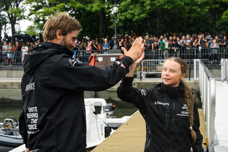 Boris Herrmann with Greta Thunberg at the finish of their transatlantic crossing in August 2019 photo copyright Jen Edney / Team Malizia taken at 