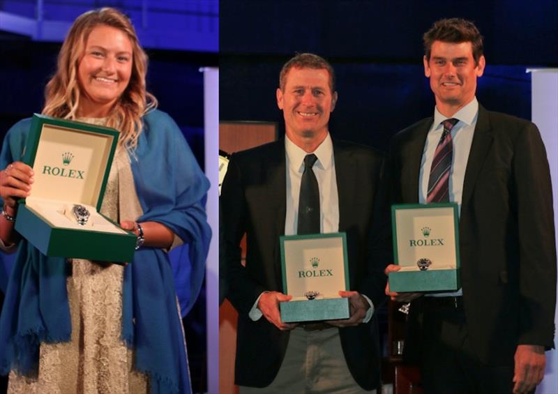 Left: Daniela Moroz poses with her second career US Sailing Rolex Yachtswoman of the Year Award.  Right: Mike Martin and Adam Lowry (far right) post with their first career US Sailing Rolex Yachtsman of the Year Awards photo copyright Matthew Cohen Photography / US Sailing taken at 