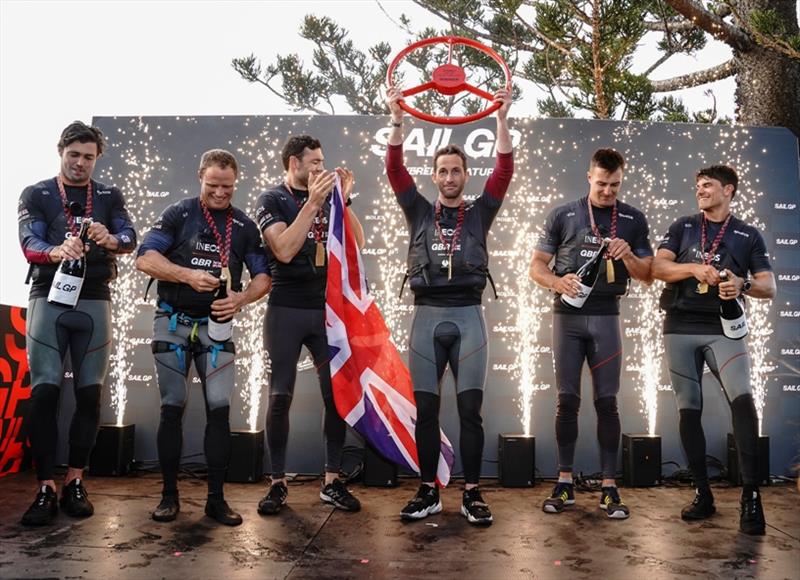 Ben Ainslie, helmsman, lifts the winning trophy as Iain Jensen, Luke Parkinson, Matt Gotrel, Neil Hunter and Richard Mason of Great Britain SailGP Team celebrate winning SailGP Sydney on Race Day 2 photo copyright Thomas Lovelock for SailGP taken at 