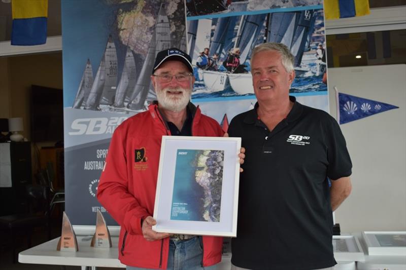 Spring Bay Boat Club Commodore John Hall with outgoing SB20 Australia President Stephen Catchpool - Spring Bay Mill SB20 Australian Championship 2020, final day photo copyright Jane Austin taken at Derwent Sailing Squadron