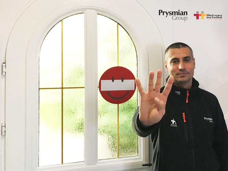 Giancarlo with the no entry sign at the exit of his house photo copyright Prysmian taken at 