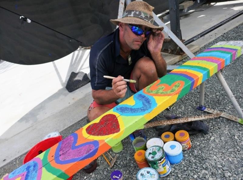 Mo paints the picnic tables and benches in psycheadelic colors during his spare time photo copyright Lisa Benckhuysen taken at 