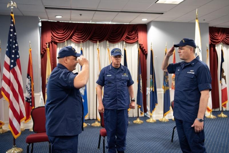 Rear Adm. Thomas G. Allan, Jr. relieves Rear Adm. Andrew J.Tiongson of his duty as commander of First Coast Guard District in a change of command ceremony, May 19, 2020 at Coast Guard Base Boston, Massachusetts photo copyright Petty Officer 3rd Class Briana Carter taken at 