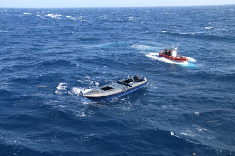 A pursuit team from the Coast Guard Cutter Escanaba on-scene with a drug smuggling vessel after it was hit with disabling fire from a helicopter interdiction tactical squadron in the Caribbean Sea, April 2020 photo copyright Petty Officer Amanda Bednarchik / U.S. Coast Guard taken at 