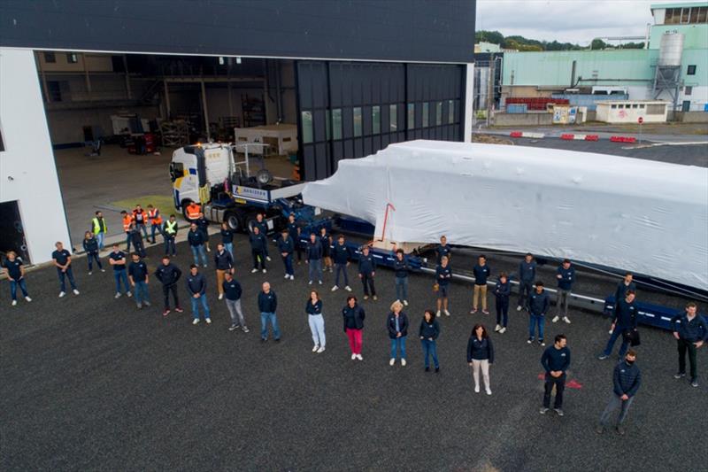 Transport of the central hull of Francois Gabart's future Ultimate trimaran between Vannes and Concarneau - photo © Alexis Courcoux / MerConcept