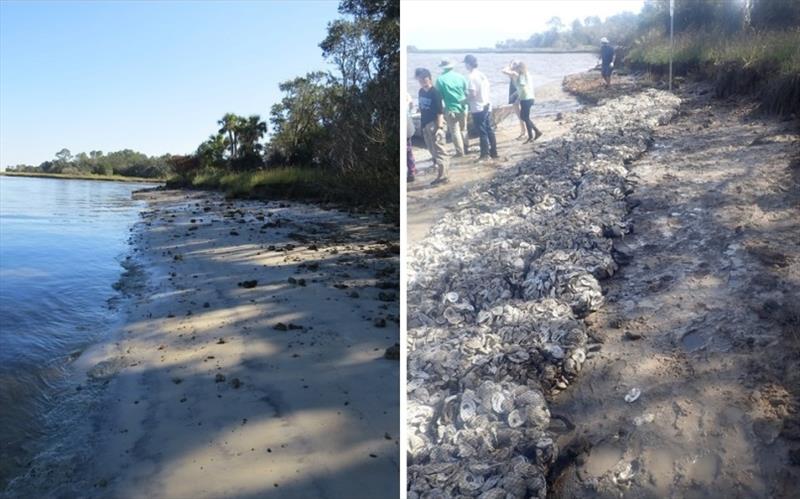 Coosaw Cut 2 site before oyster reef deployment (left), and after oyster reef deployment (right). - photo © South Carolina Department of Natural Resource