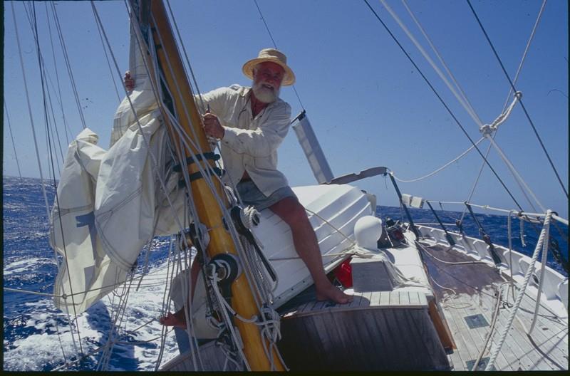 Larry Pardey fixing mainsail photo copyright Lin Pardey taken at 