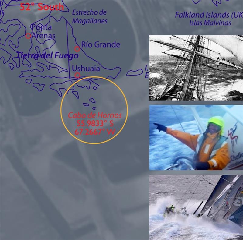 Composition of Cape Horn chart and images of vessels rounding the infamous Cape photo copyright IACH / PPL taken at 