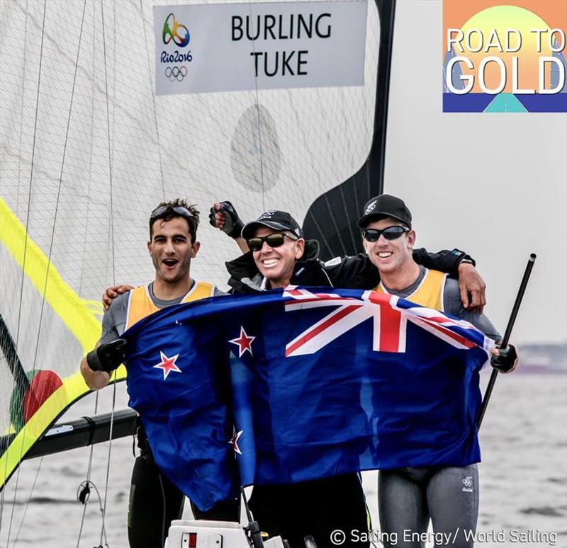Hamish Willcox celebrates Olympic Gold with the world beating crew that he is still coaching today. Blair Tuke (left) and Pete Burling (right) - photo © Sailing Energy / World Sailing