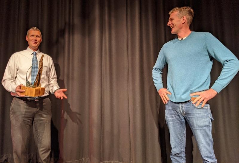 Jon Holt (left), founder of the Scaramouche Sailing Trust, is presented with the YJA MS Amlin 'International Sailor of the Decade' Award by Dan Snow of History Hit - photo © Mark Jardine