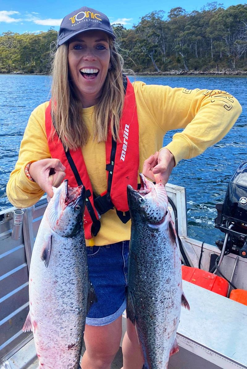 Anna Fitzgerald with two escaped salmon photo copyright Carl Hyland taken at 