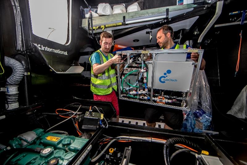 Fitting of the microplastic data equipment on a race boat in The Ocean Race - photo © Jesus Renedo / Volvo AB
