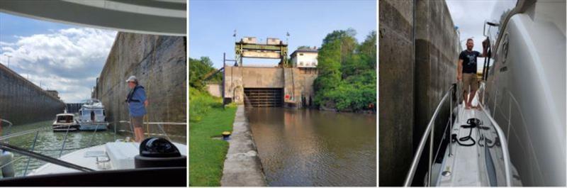 LEFT: Ships raft up in the Welland Canal lock system. CENTRE: Don says the Guillotine lock is just like it sounds, going under the door you sure wonder if the shackles have been checked! RIGHT: Crewmate Rich checking the fenders in a snug lock photo copyright Riviera Australia taken at 