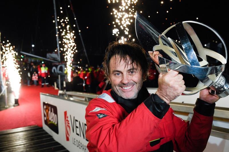  Maitre Coq, skipper Yannick Bestaven (FRA), with the Vendee Globe trophy during finish of the Vendee Globe sailing race, on January 28, 2021. - photo © Jean-Louis Carli