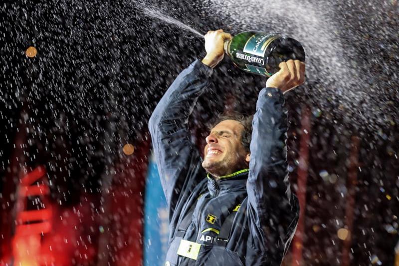Apivia, skipper Charlie Dalin (FRA), is pictured with champagne during finish of the Vendee Globe sailing race, on January 27, 2021 photo copyright Jean-Marie Liot taken at 