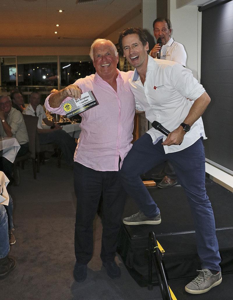 Flagstaff Marine's Michael Coxon (right) may have met his match for joviality in the wonderful Ivor Burgess (left), whilst Graham Raspass gets a rare moment to use the microphone... - photo © John Curnow