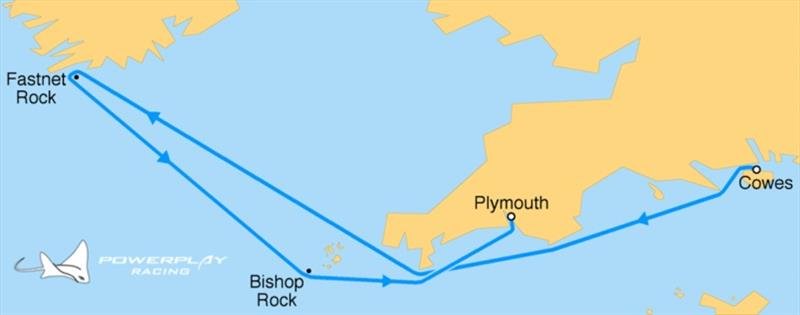 The historic 595nm course starts from Cowes IOW, around Lands' End, across the Celtic Sea, around the Fastnet Lighthouse off the coast of Ireland, and finishing at the Plymouth Breakwater.  - photo © PowerPlay Racing