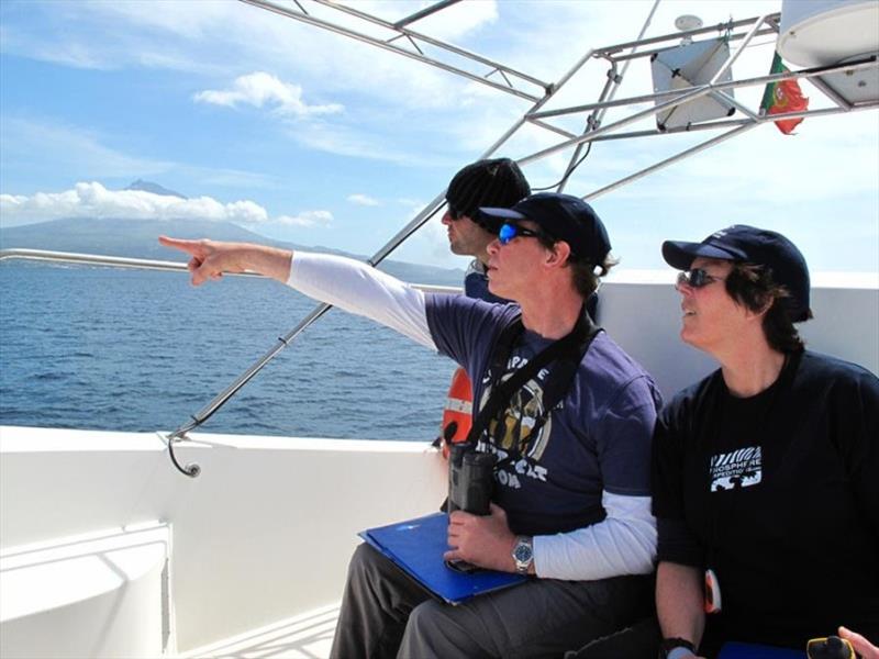 Lisa Steiner (right) with citizen scientists spotting whales in front of Pico Island, Azores photo copyright Lisa Steiner taken at 