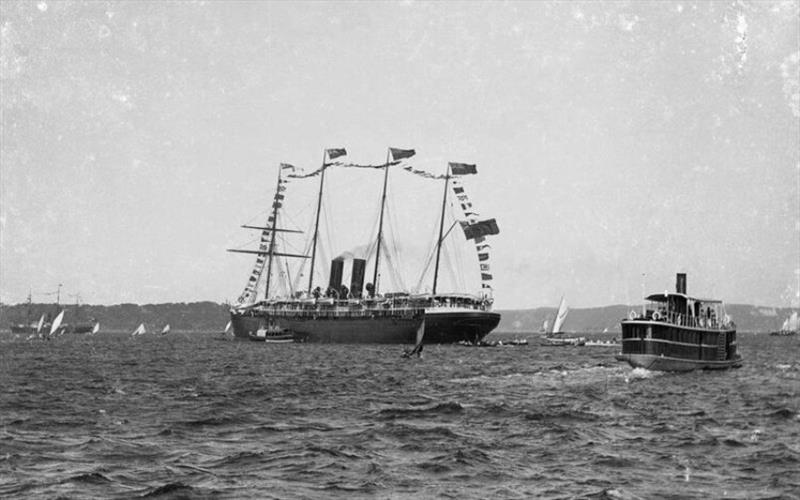 An Anniversary Day Regatta on Sydney Harbour in the late 19th century. Inaugurated in 1836,  the regatta drew large crowds. In the centre of the image is the passenger liner Orizaba, acting as flagship photo copyright ANMM Collection 00017559 Gift from the Estate of Peter Britz. taken at 