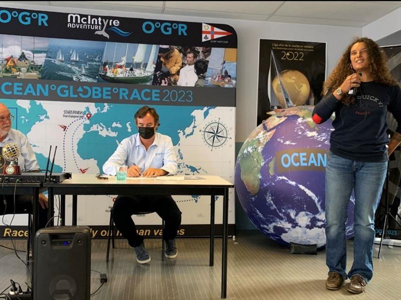 Marie Tabarly happy to make her announcement with Don McIntyre the OGR founder and Sebastien Delasnerie the OGR Media Director during the press conference - photo © Ocean Globe Race