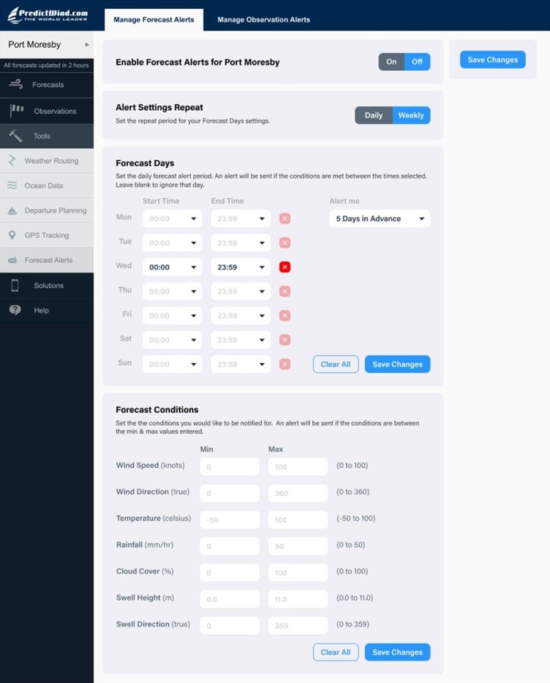 New alert feature - Example alert settings photo copyright Predictwind.com taken at 