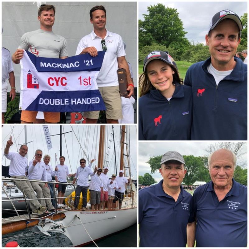 Clockwise from upper left, Doubehanded winners Andy Graff (right) and Scott Eisenhardt; Merritt and Scott Sellers ( Mackinac Cup winners); Greg (left) and Jerry Miarecki (Chicago-Mackinac Trophy winners); Perception, Cruising 3 winners. - photo © Chicago Yacht Club