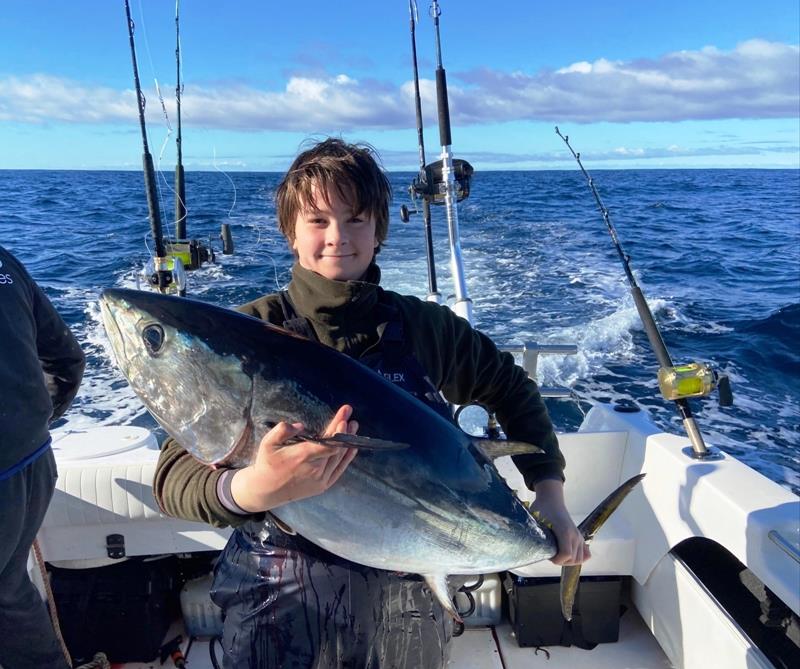 Oliver Byrne with a school bluefin from Pedra Banca Rock photo copyright Carl Hyland taken at 