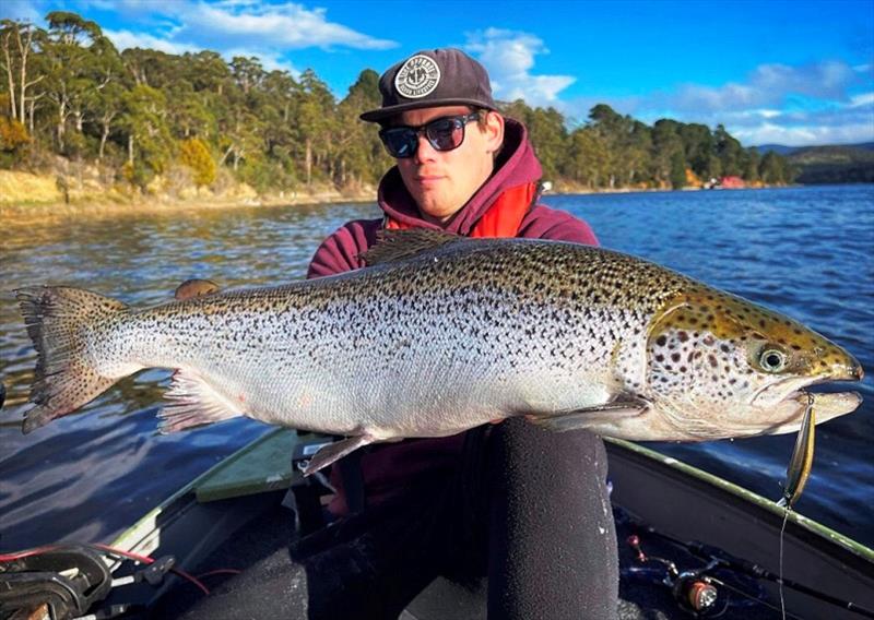 Will Thorpe with a Huon River Atlantic salmon photo copyright Carl Hyland taken at 