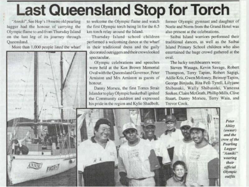 The Anniki carrying the Olympic torch made front-page news on July 7, 2000 photo copyright Torres News taken at 
