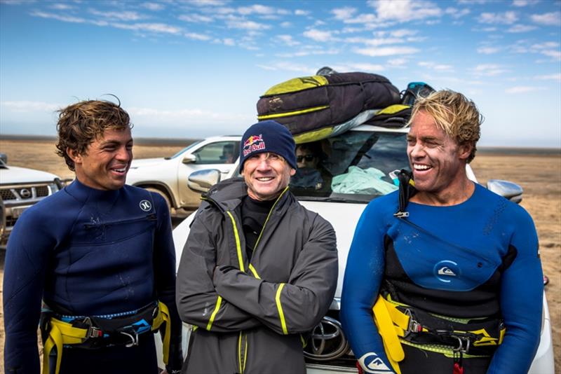 Robbie Naish, Kai Lenny, Charles Patterson and Frank Solomon talking on beach at Skeleton Bay, Namibia behind the scenes on May 07, 2017 - photo © Alan van Gysen